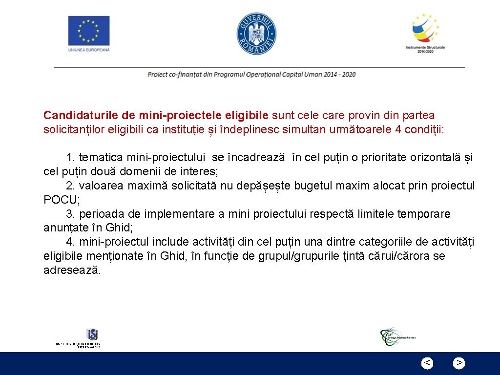 Candidaturile de mini-proiectele eligibile sunt cele care provin din partea solicitanților eligibili ca instituție