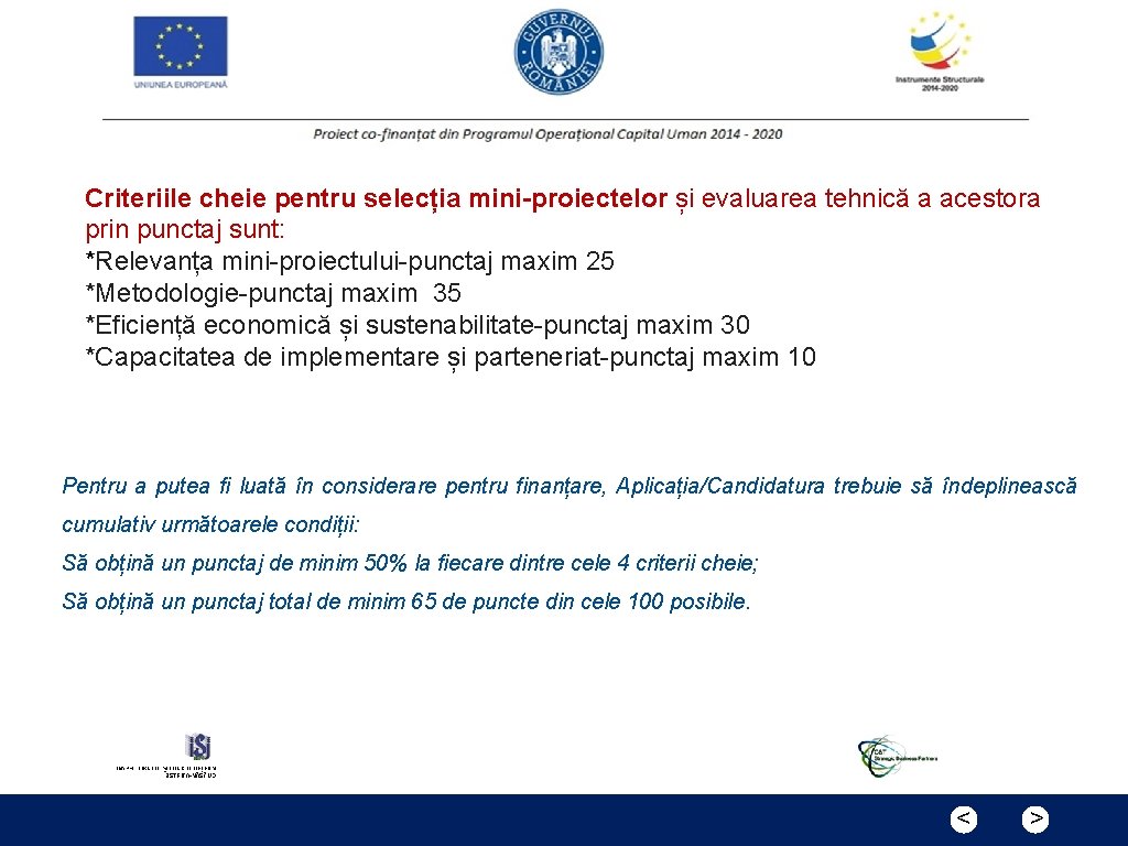 Criteriile cheie pentru selecția mini-proiectelor și evaluarea tehnică a acestora prin punctaj sunt: *Relevanța