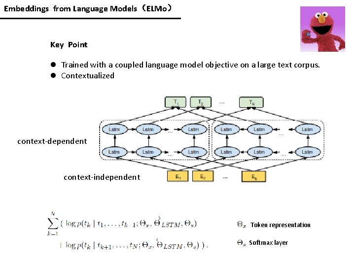 Embeddings from Language Models（ELMo） Key Point l Trained with a coupled language model objective