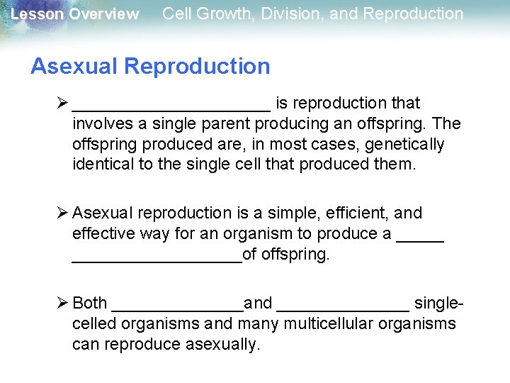Lesson Overview Cell Growth, Division, and Reproduction Asexual Reproduction Ø ___________ is reproduction that