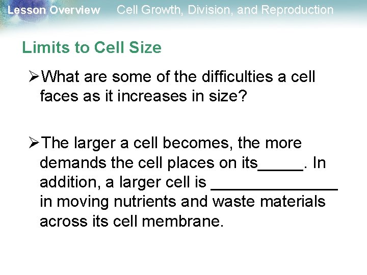 Lesson Overview Cell Growth, Division, and Reproduction Limits to Cell Size ØWhat are some