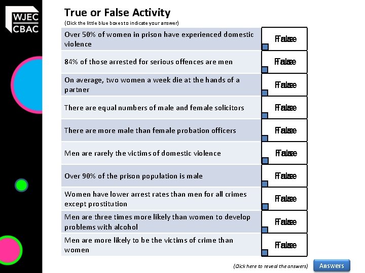 True or False Activity (Click the little blue boxes to indicate your answer) Over