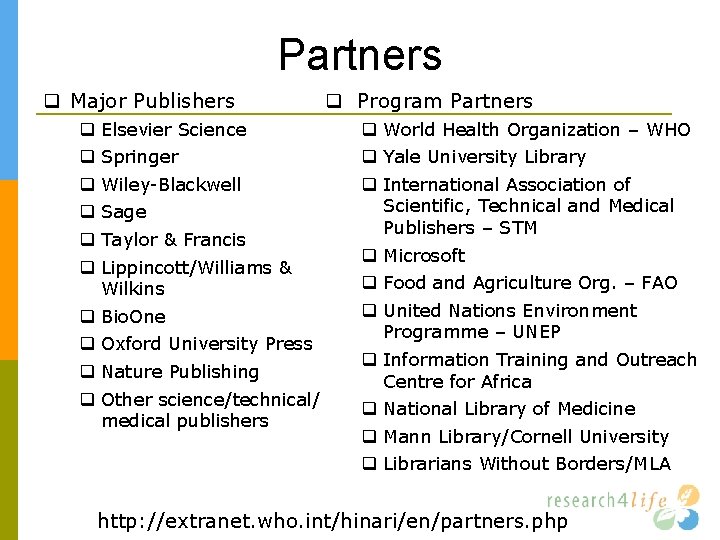 Partners Major Publishers Elsevier Science Bio. One Springer Wiley-Blackwell Sage Taylor & Francis Lippincott/Williams