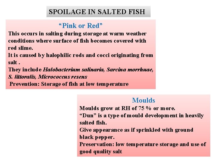 SPOILAGE IN SALTED FISH “Pink or Red” This occurs in salting during storage at