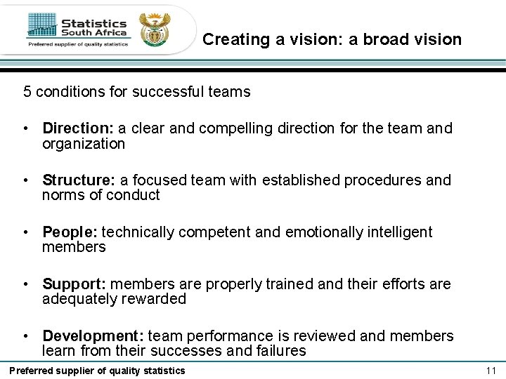 Creating a vision: a broad vision 5 conditions for successful teams • Direction: a