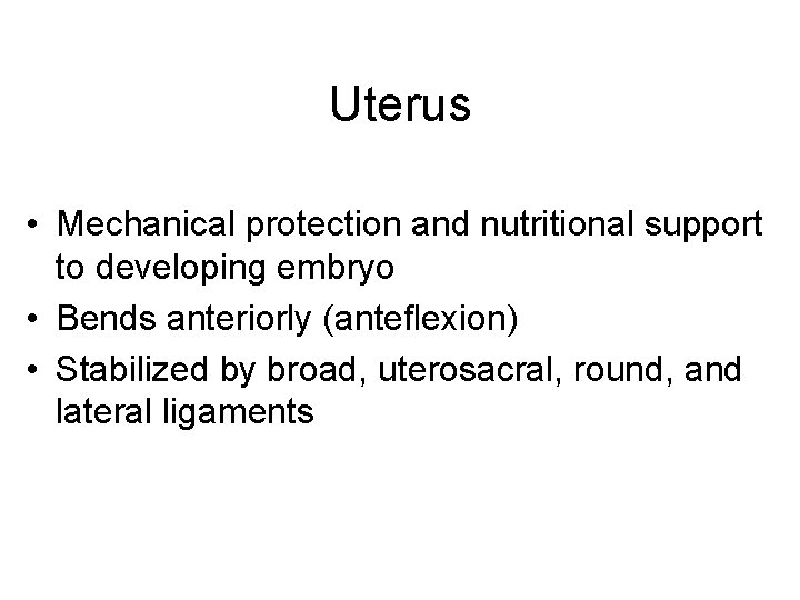 Uterus • Mechanical protection and nutritional support to developing embryo • Bends anteriorly (anteflexion)