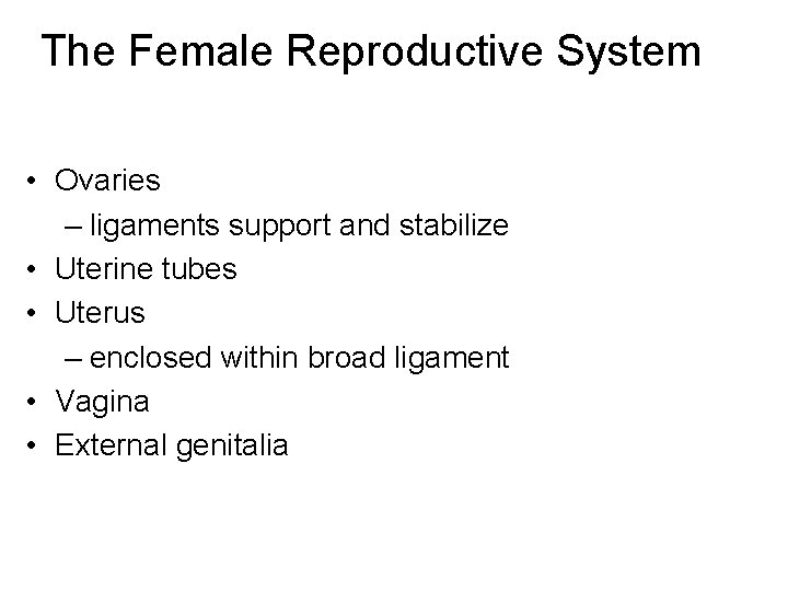 The Female Reproductive System • Ovaries – ligaments support and stabilize • Uterine tubes