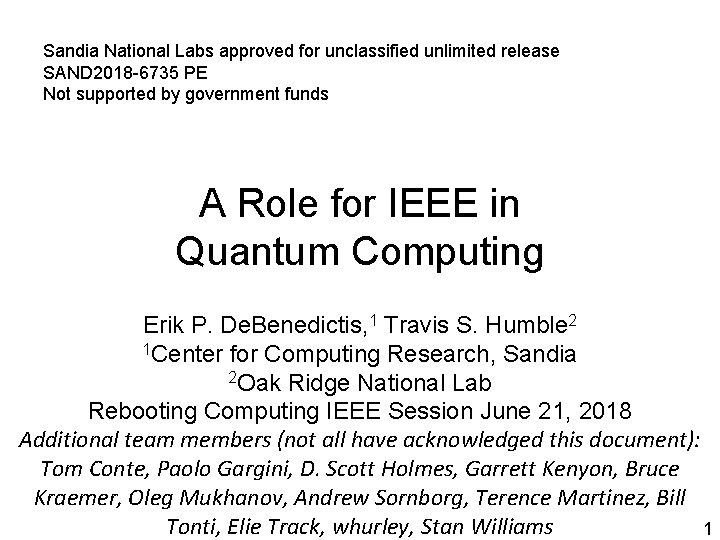 Sandia National Labs approved for unclassified unlimited release SAND 2018 -6735 PE Not supported