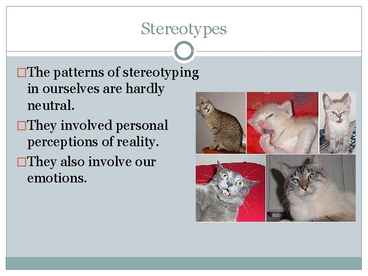 Stereotypes �The patterns of stereotyping in ourselves are hardly neutral. �They involved personal perceptions