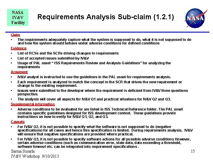 NASA IV&V Facility Requirements Analysis Sub-claim (1. 2. 1) Claim • The requirements adequately