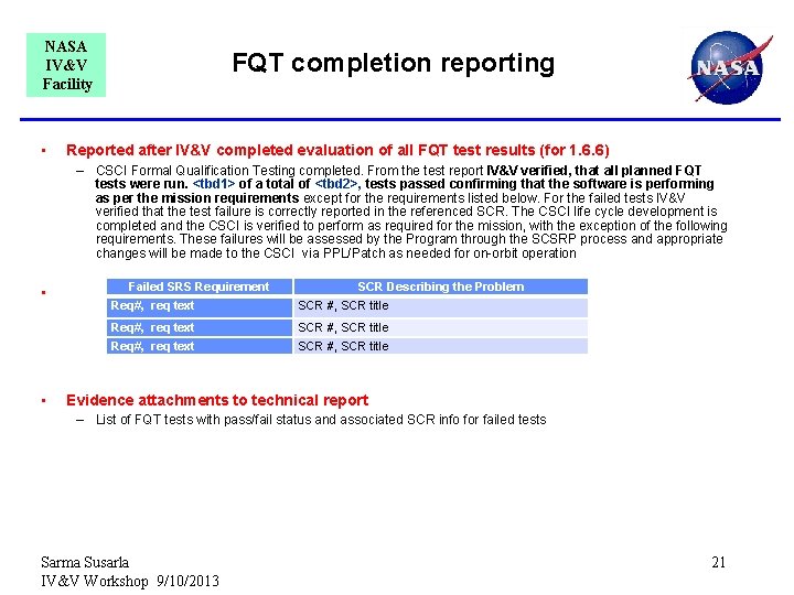 NASA IV&V Facility • FQT completion reporting Reported after IV&V completed evaluation of all