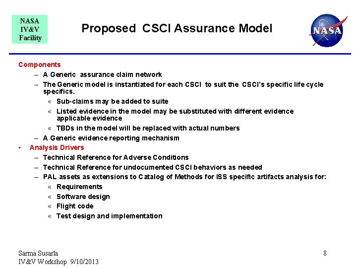 NASA IV&V Facility Proposed CSCI Assurance Model Components – A Generic assurance claim network