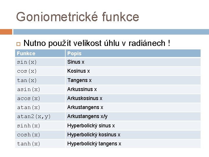 Goniometrické funkce Nutno použít velikost úhlu v radiánech ! Funkce Popis sin(x) Sinus x