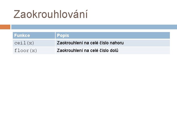 Zaokrouhlování Funkce Popis ceil(x) Zaokrouhlení na celé číslo nahoru floor(x) Zaokrouhlení na celé číslo