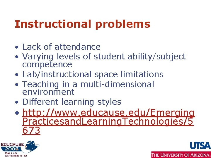 Instructional problems • Lack of attendance • Varying levels of student ability/subject competence •