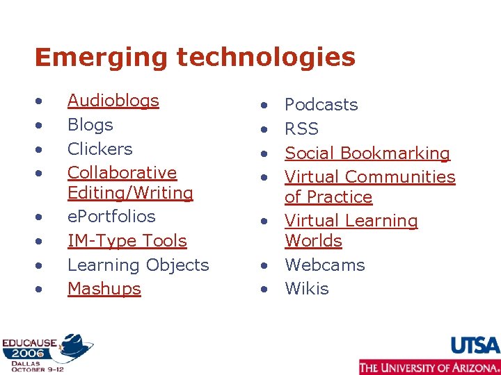 Emerging technologies • • Audioblogs Blogs Clickers Collaborative Editing/Writing e. Portfolios IM-Type Tools Learning