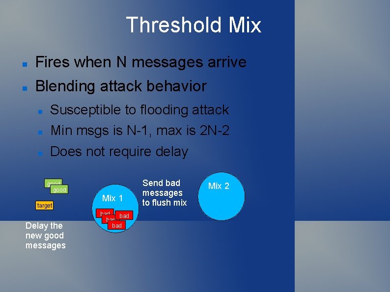 Threshold Mix Fires when N messages arrive Blending attack behavior Susceptible to flooding attack