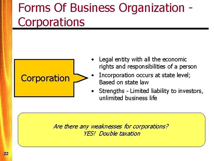 Forms Of Business Organization Corporations Corporation • Legal entity with all the economic rights