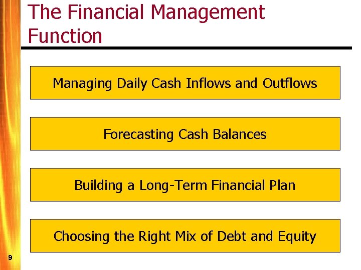 The Financial Management Function Managing Daily Cash Inflows and Outflows Forecasting Cash Balances Building