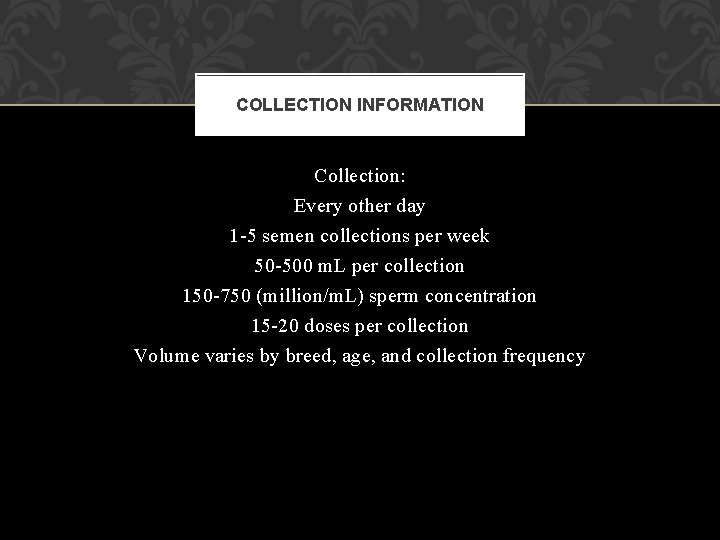 COLLECTION INFORMATION Collection: Every other day 1 -5 semen collections per week 50 -500