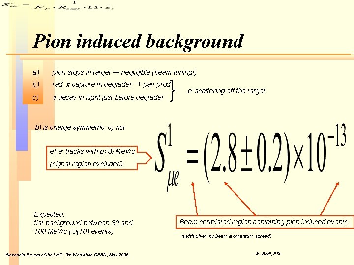 Pion induced background a) pion stops in target → negligible (beam tuning!) b) rad. Pion induced background a) pion stops in target → negligible (beam tuning!) b) rad.