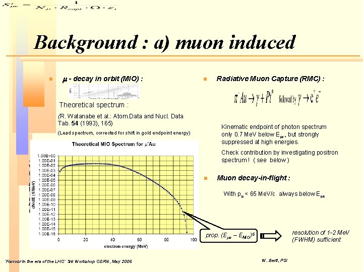Background : a) muon induced n m - decay in orbit (MIO) : n Background : a) muon induced n m - decay in orbit (MIO) : n