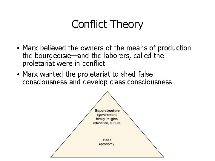 Conflict Theory • Marx believed the owners of the means of production— the bourgeoisie—and