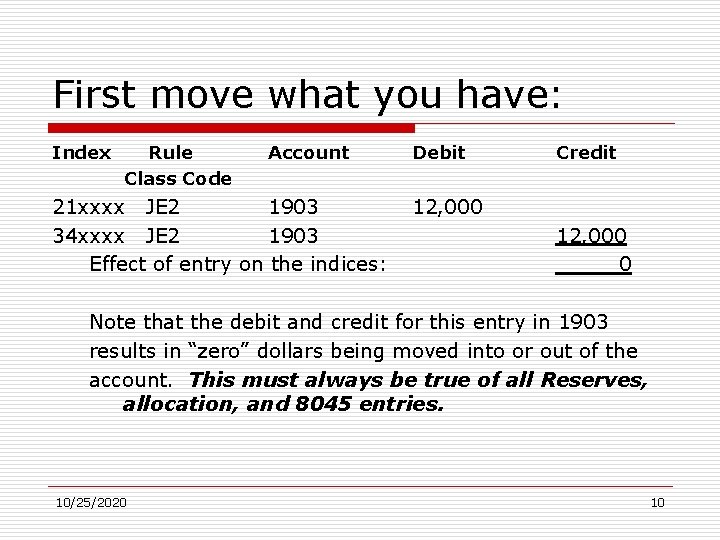 First move what you have: Index Rule Class Code Account 21 xxxx JE 2