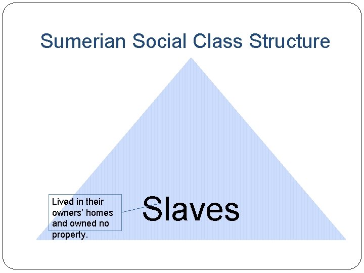 Sumerian Social Class Structure Lived in their owners’ homes and owned no property. Slaves