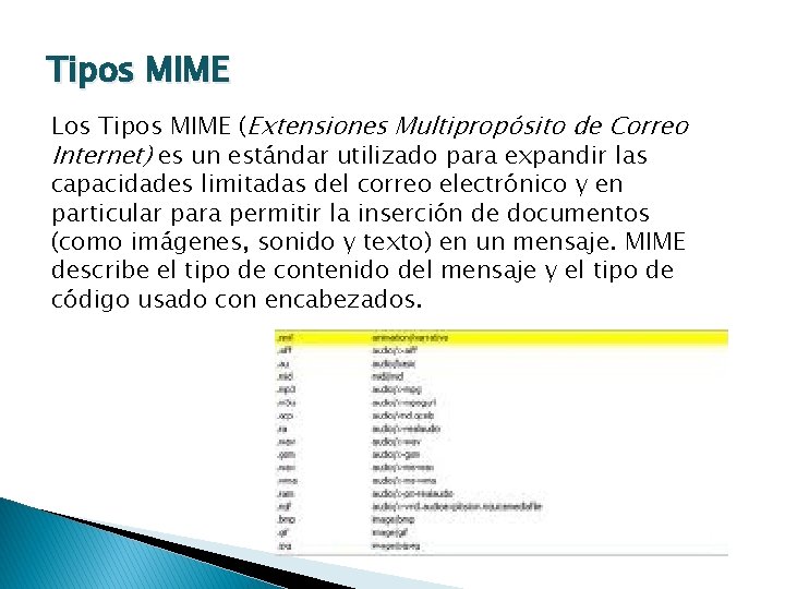 Tipos MIME Los Tipos MIME (Extensiones Multipropósito de Correo Internet) es un estándar utilizado