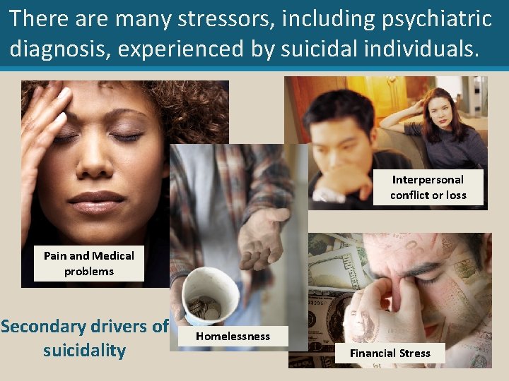 There are many stressors, including psychiatric diagnosis, experienced by suicidal individuals. Interpersonal conflict or