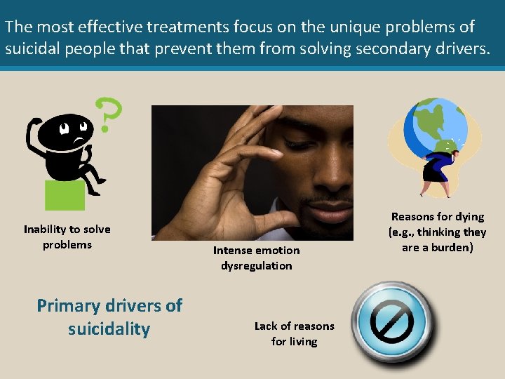 The most effective treatments focus on the unique problems of suicidal people that prevent