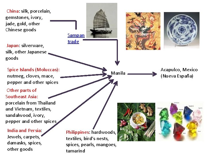  China: silk, porcelain, gemstones, ivory, jade, gold, other Chinese goods Japan: silverware, silk,