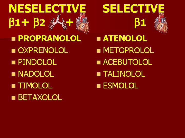 NESELECTIVE 1+ 2 + SELECTIVE 1 n PROPRANOLOL n ATENOLOL n OXPRENOLOL n METOPROLOL