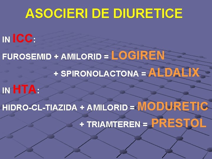 ASOCIERI DE DIURETICE IN ICC: FUROSEMID + AMILORID = LOGIREN + SPIRONOLACTONA = ALDALIX