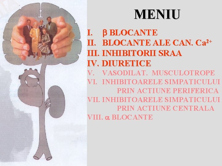 MENIU I. BLOCANTE II. BLOCANTE ALE CAN. Ca 2+ III. INHIBITORII SRAA IV. DIURETICE