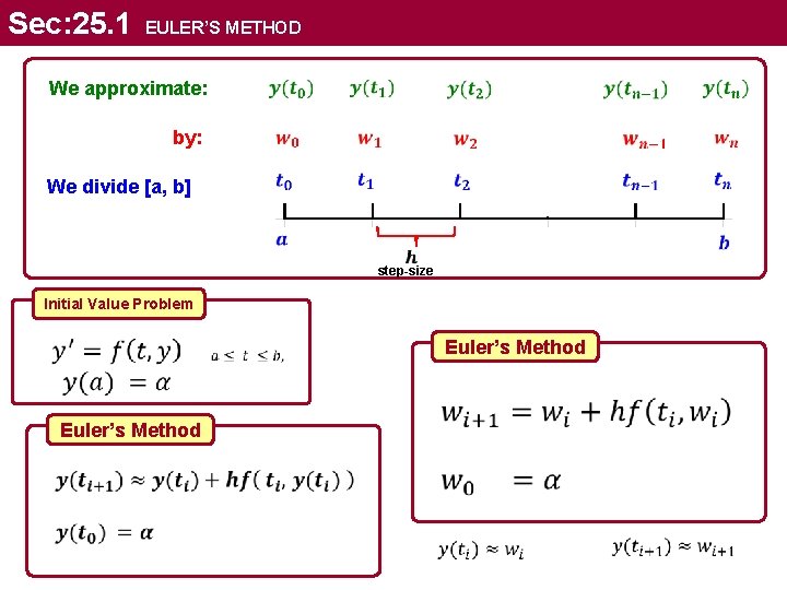 Sec: 25. 1 EULER’S METHOD We approximate: by: We divide [a, b] step-size Initial