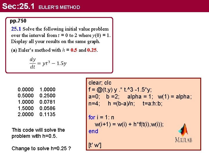 Sec: 25. 1 EULER’S METHOD pp. 750 25. 1 Solve the following initial value