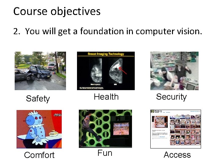 Course objectives 2. You will get a foundation in computer vision. Safety Health Comfort