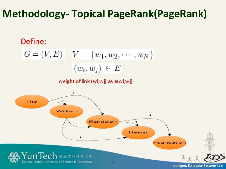 Methodology- Topical Page. Rank(Page. Rank) Define: weight of link (wi, wj) as e(wi, wj)