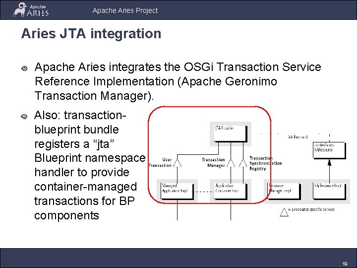 Apache Aries Project Aries JTA integration Apache Aries integrates the OSGi Transaction Service Reference