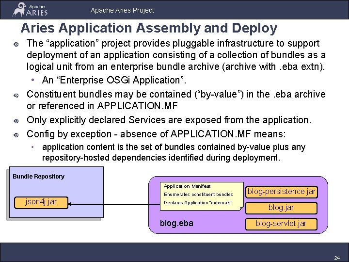 Apache Aries Project Aries Application Assembly and Deploy The “application” project provides pluggable infrastructure