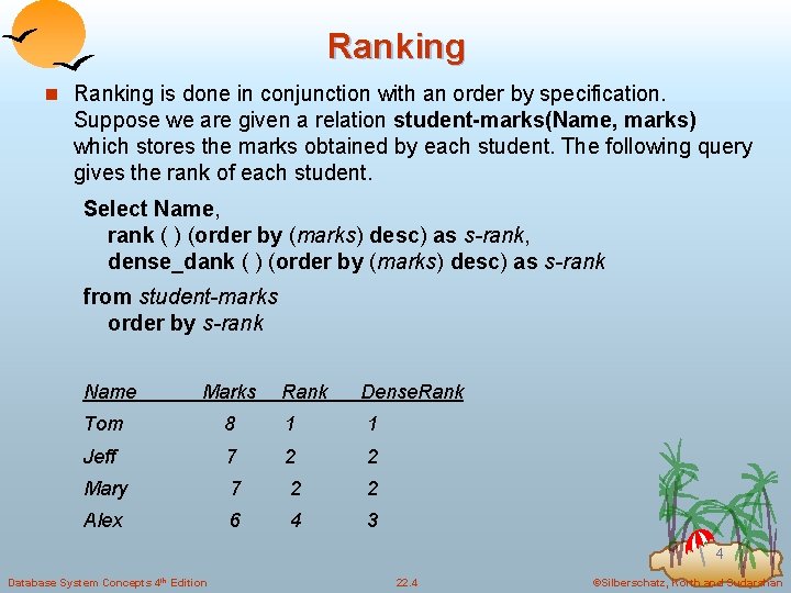 Ranking n Ranking is done in conjunction with an order by specification. Suppose we