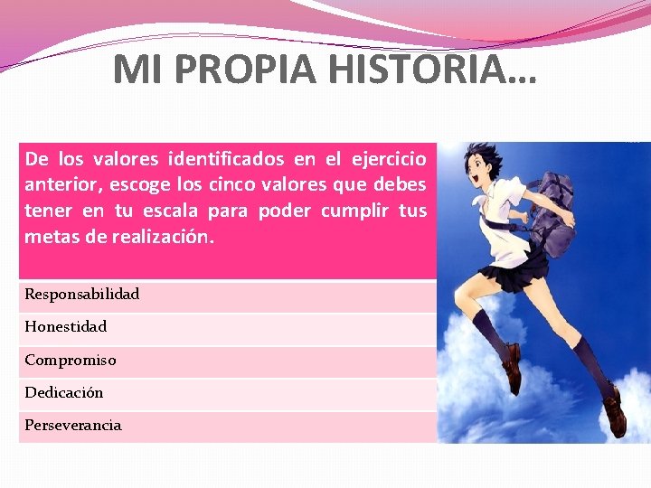 MI PROPIA HISTORIA… De los valores identificados en el ejercicio anterior, escoge los cinco MI PROPIA HISTORIA… De los valores identificados en el ejercicio anterior, escoge los cinco