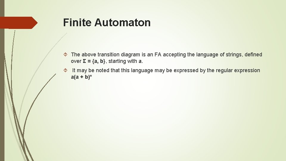 Finite Automaton The above transition diagram is an FA accepting the language of strings,