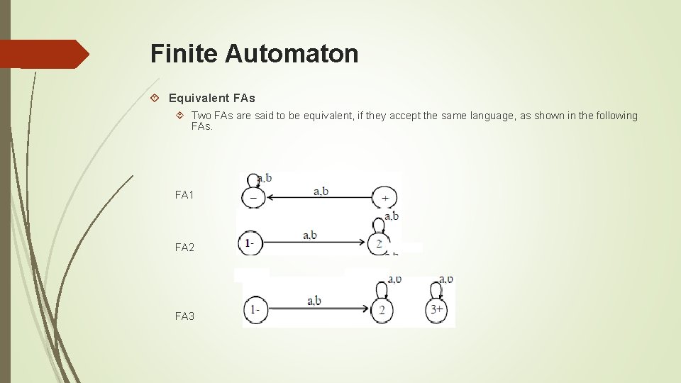 Finite Automaton Equivalent FAs Two FAs are said to be equivalent, if they accept