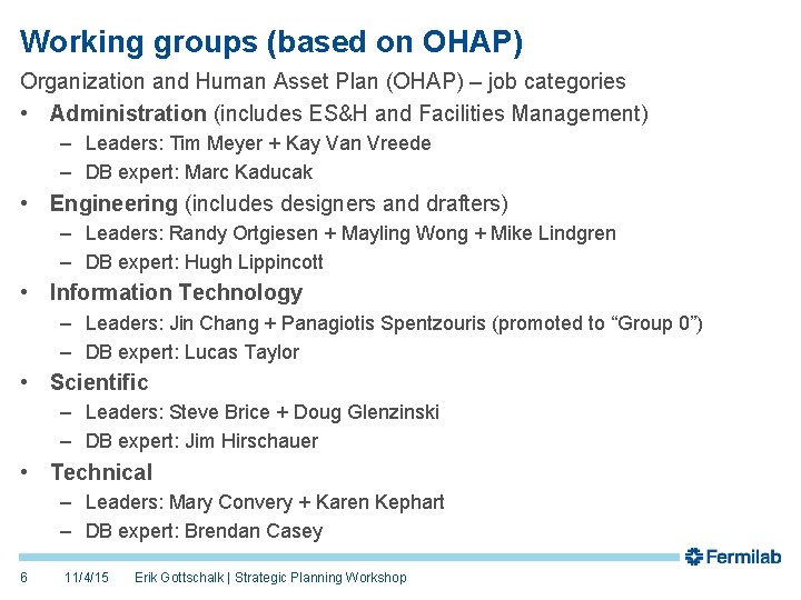 Working groups (based on OHAP) Organization and Human Asset Plan (OHAP) – job categories Working groups (based on OHAP) Organization and Human Asset Plan (OHAP) – job categories