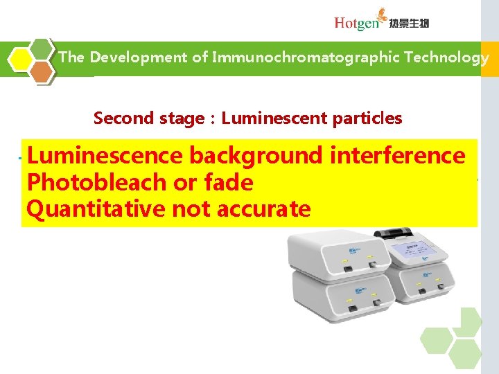 The Development of Immunochromatographic Technology Second stage：Luminescent particles Luminescence background interference Third generation product：Fluorescence