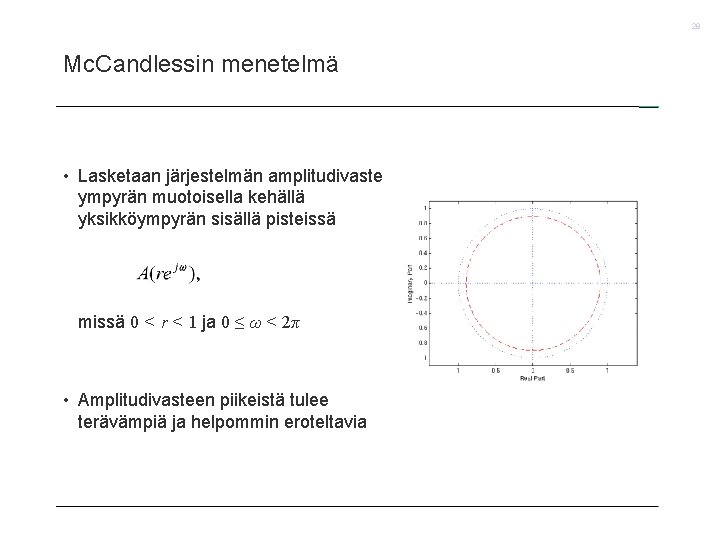 28 Mc. Candlessin menetelmä • Lasketaan järjestelmän amplitudivaste ympyrän muotoisella kehällä yksikköympyrän sisällä pisteissä