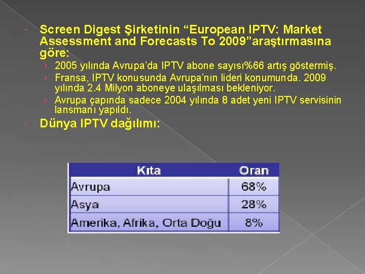  Screen Digest Şirketinin “European IPTV: Market Assessment and Forecasts To 2009”araştırmasına göre: ›